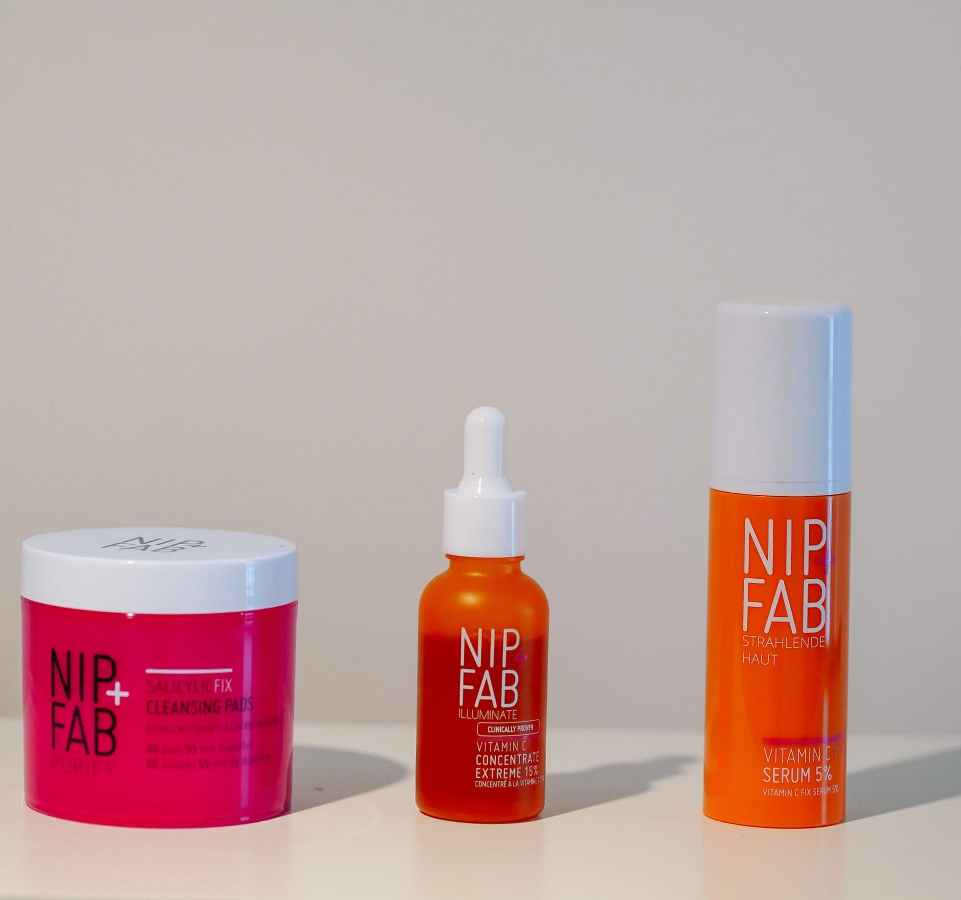 From left, Nip and Fab Salicylic Fix Cleansing Pads, Vitamin C Concentrate and Vitamin C Serum